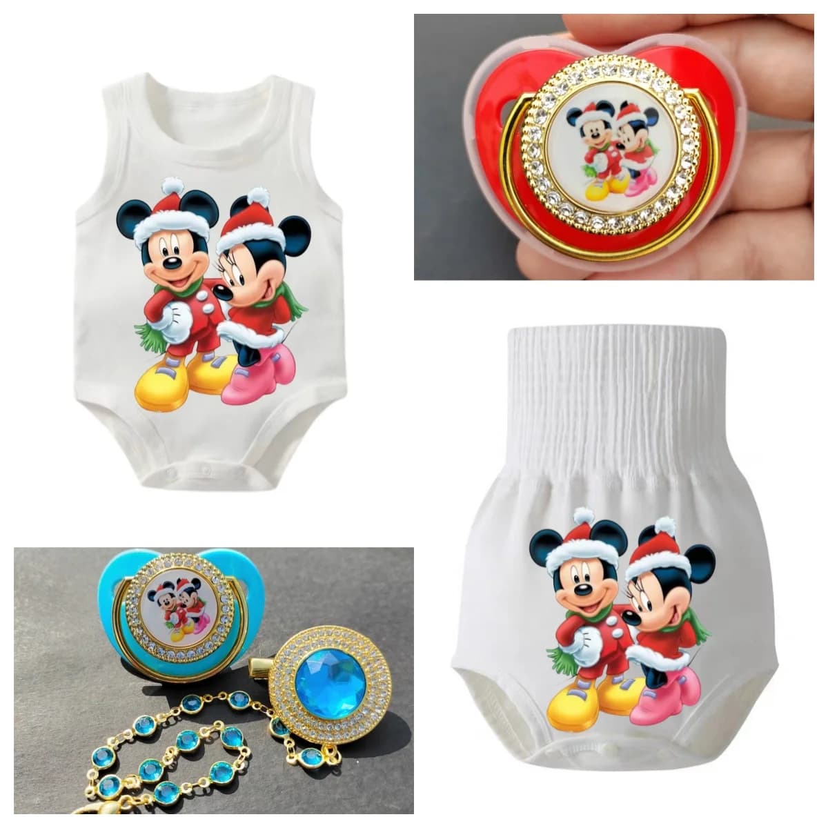 Christmas Mickey Mouse Deluxe Pacifier chain clip with lid personalized silicone pacifier holder Personalized soothing newborn