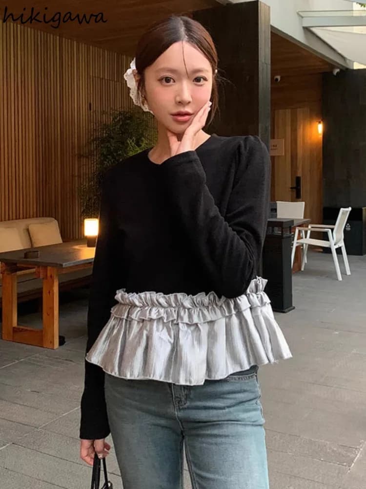 Patchwork Velvet Woman T Shirts Vintage Temperament Tees 2025 Ropa Mujer Contrast Color Ruffles Camisetas Fashion Korean T-shirt