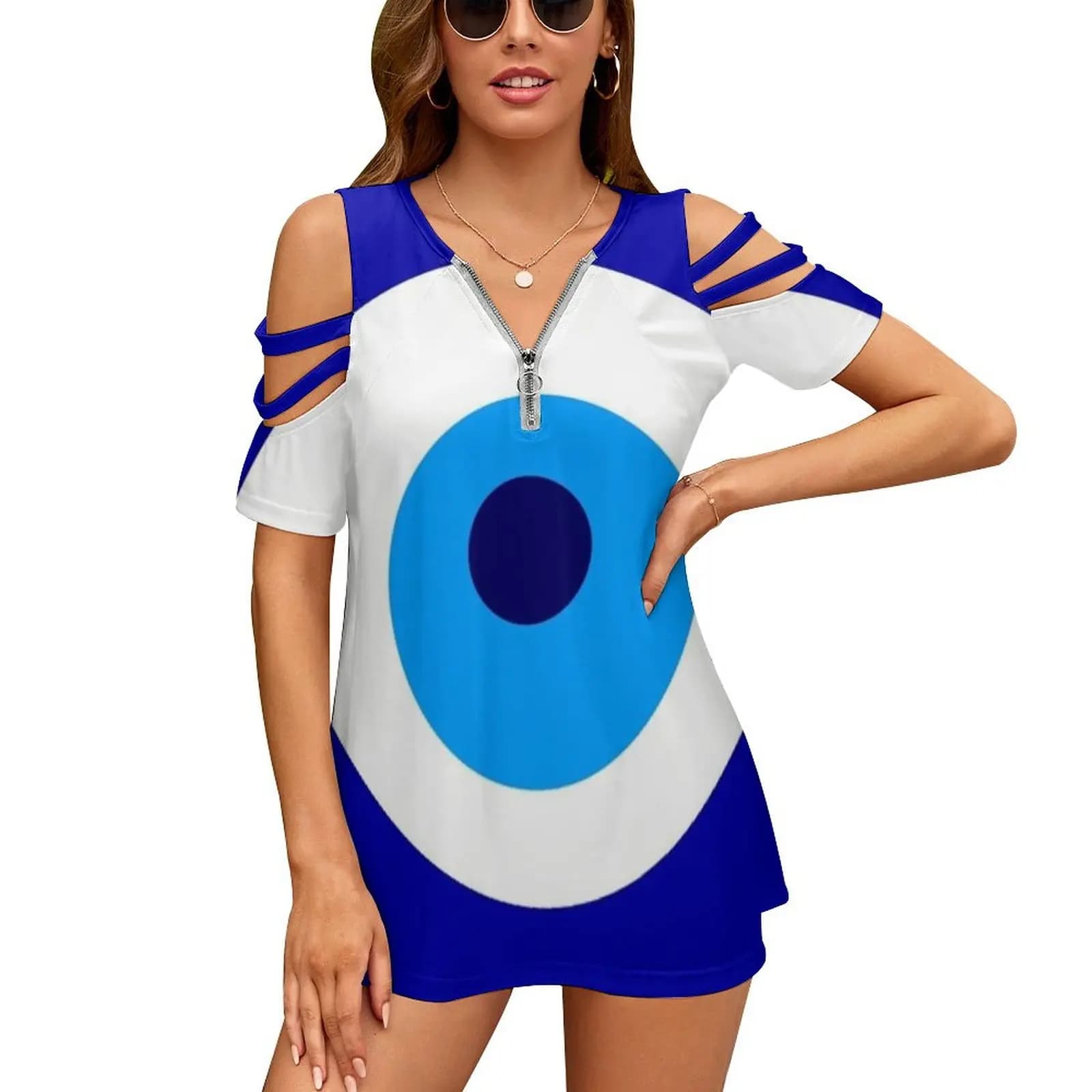 Nazar Evil Eye Symbol Amulet Turkish Turkey Persian Persia Women Zipper Sexy Printed Vintage T Shirts Tops Full Print T-Shirt