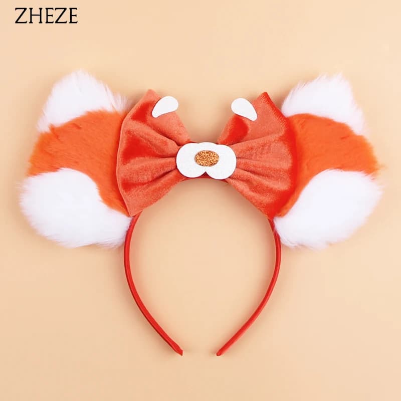 Chic Design Plush Mouse Ears Headband For Girls Turning Red Character Hairband 5" Velvet Bow Party Cosplay Hair Accessories