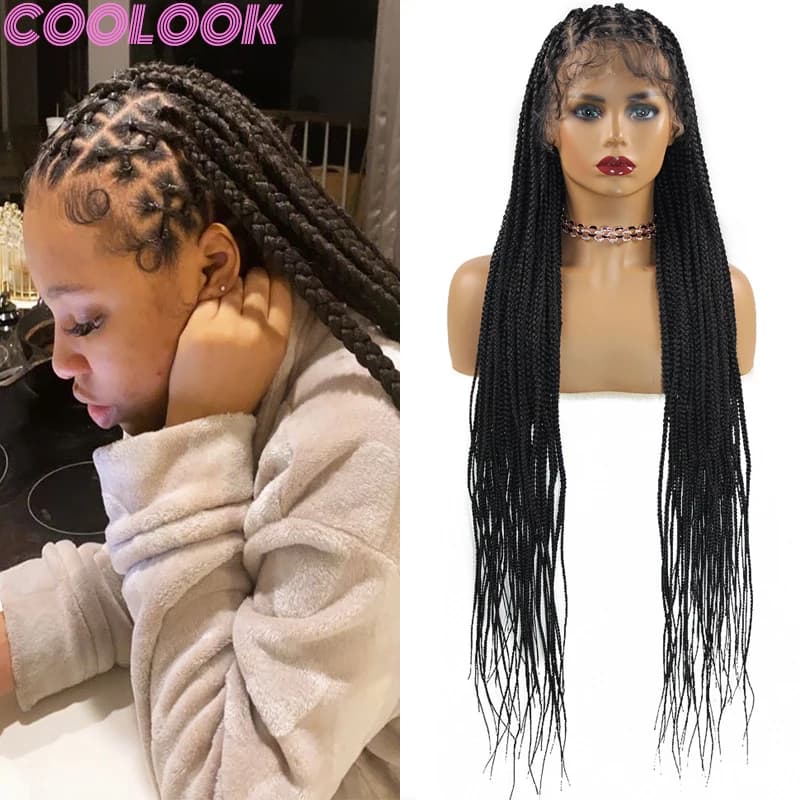 Synthetic 36'' Full Lace Box Braid Wigs Criss Cross Distressed Long Braided Lace Frontal Wigs Heat Resistant Knotless Braids Wig