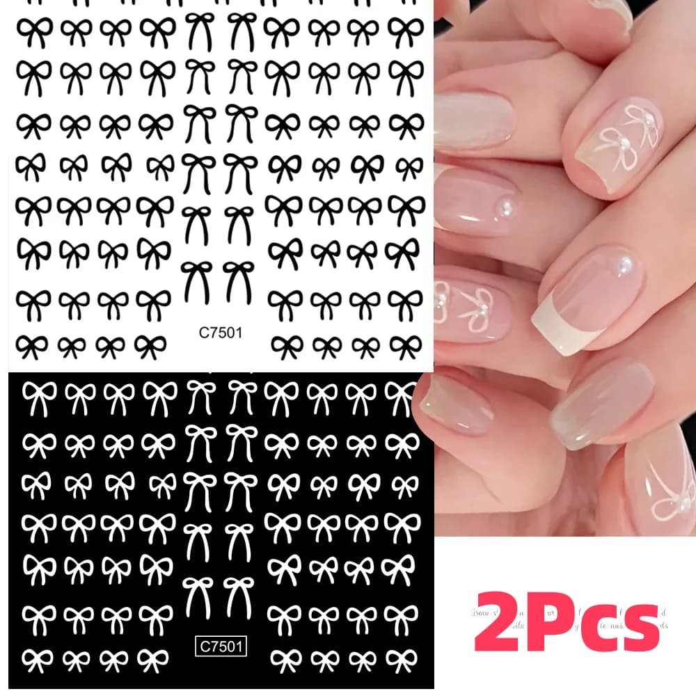 2Pcs 3D Black White Mini Bowknot Nail Stickers Pink/Red Lace Ribbon/Bow Self-Adhesive Nail Decals Decor Y2K Manicure Accesories