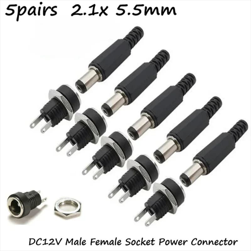 5 Pair DC 12V Male Female Socket Panel Mount Barrels Jack Plug Power Connector Female Jack Screw Nut Panel Mount Connector
