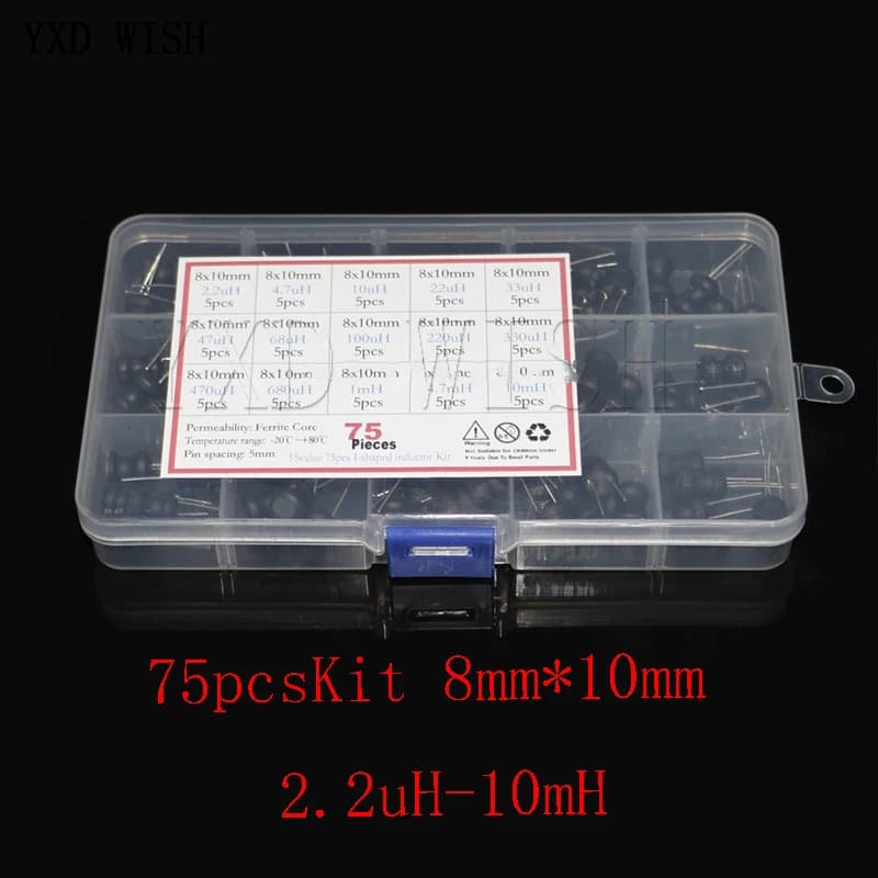 75PCS/Box 8*10mm Inductance Power Inductor Kit 4.7UH 10UH 22UH 33UH 47UH 68UH 100UH 220UH 330uh 470uh 680uh 1MH 10MH Inductors