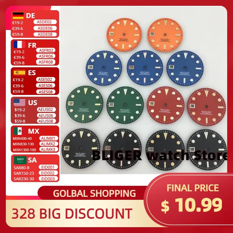 BLIGER Watch Parts 29mm watch dial edge index fits NH34 NH34A NH35 NH35A movement for 9 o'clock crown