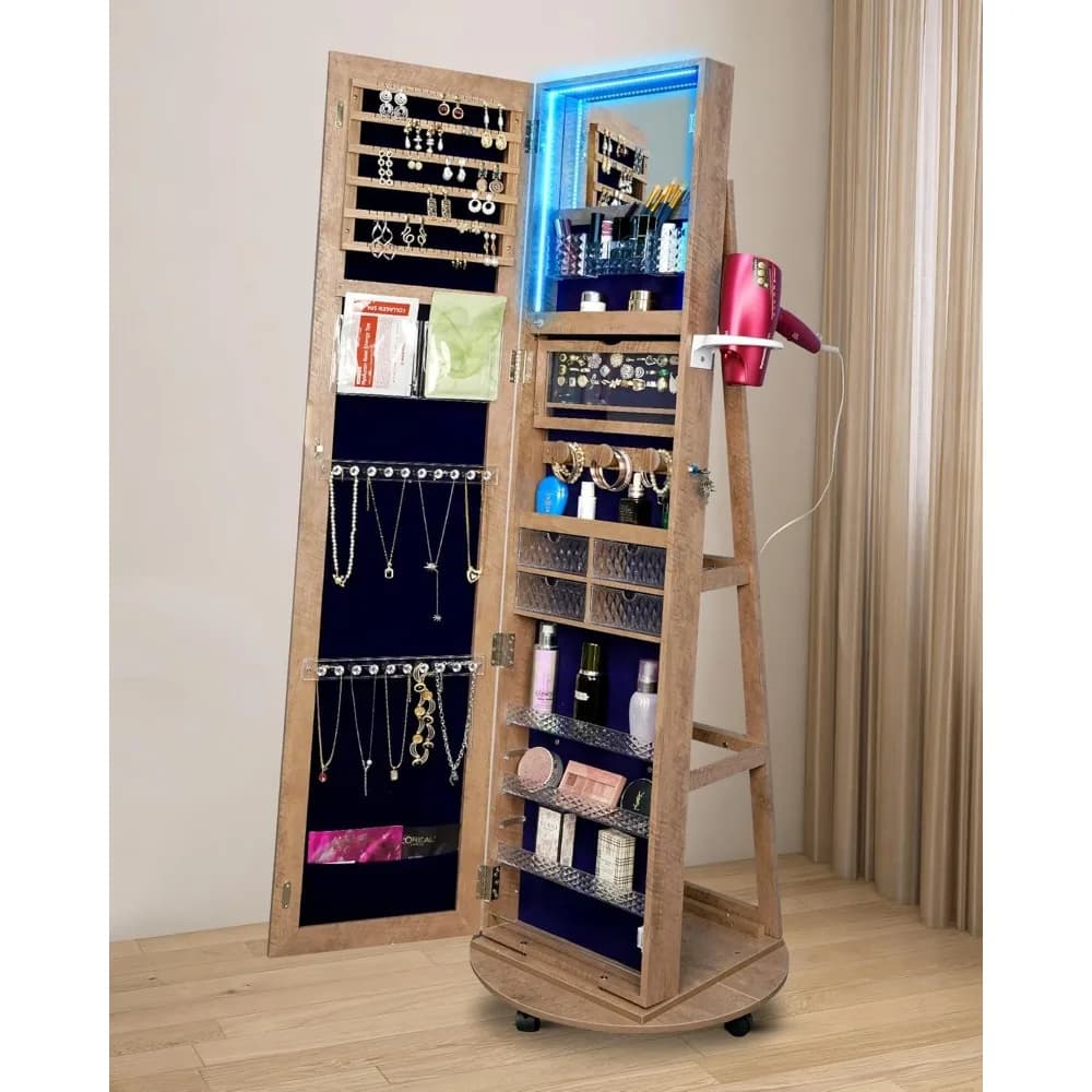 Jewelry Armoire with Mirror, Lockable,Full Length Mirror with Storage, Rear Storage Shelves,with Lights,360° Swivel