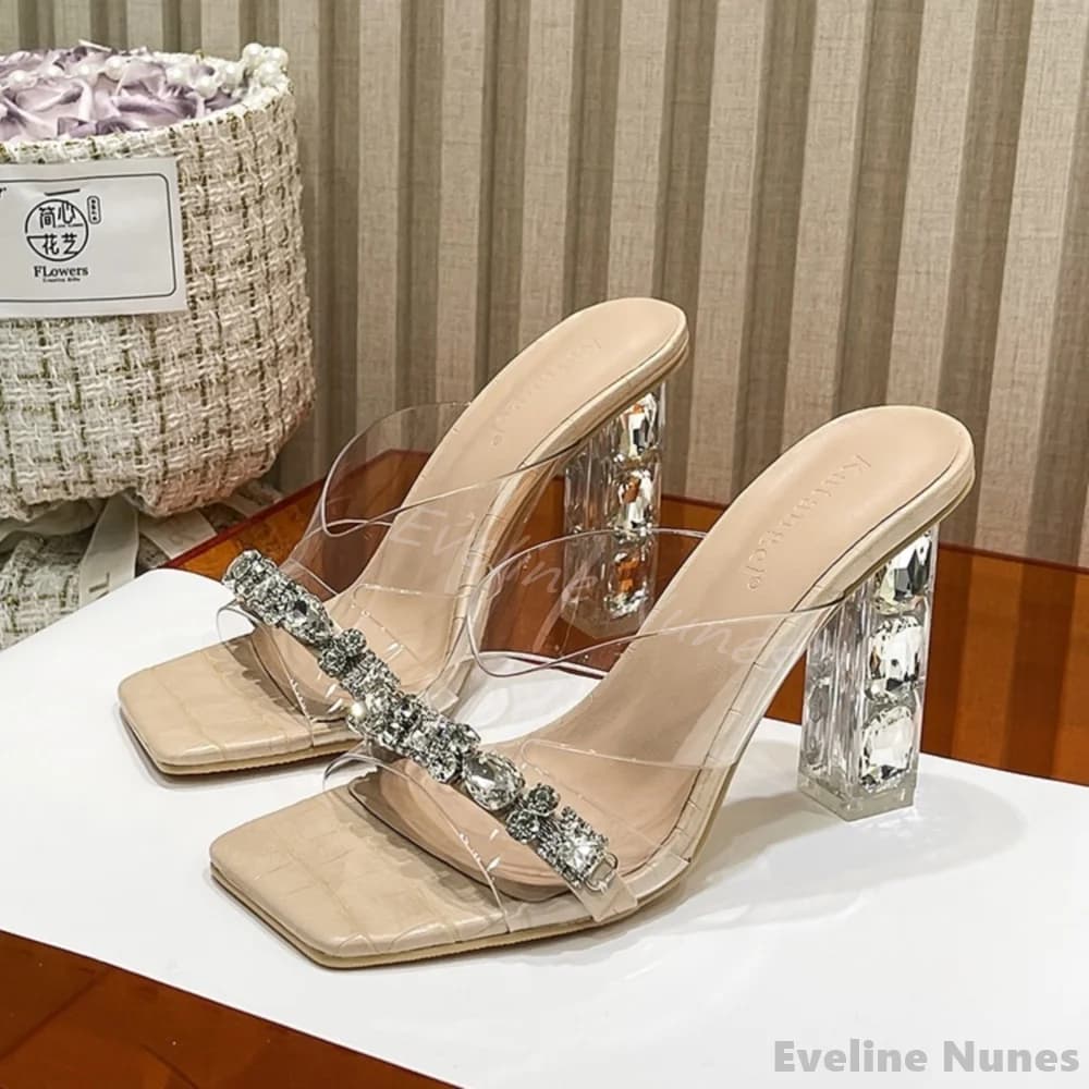 Transparent Crystal Thick Heel Slippers Women Summer Square Toe Transparent One Word Belt Rhinestone Sexy Slides Outdoor