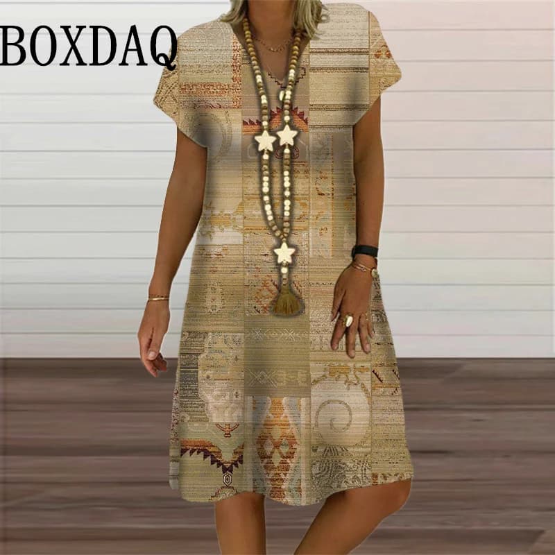 Vintage Women's Dresses Ethnic Style Retro 3D Printed Loose Dress Summer V-Neck Short Sleeve Ladies Pullover New Clothing 2024