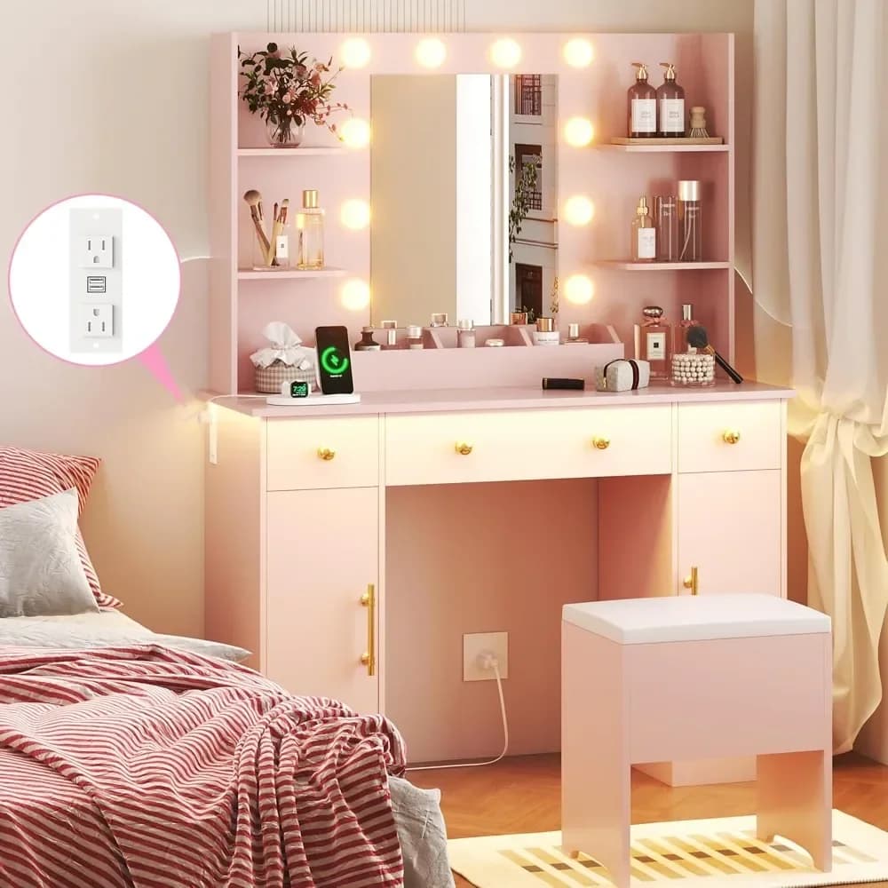 Dressing Table, Pink Dressing Table with Charging Station and Dressing Stool, 3 Drawers and Cabinet, White Makeup Mirror With