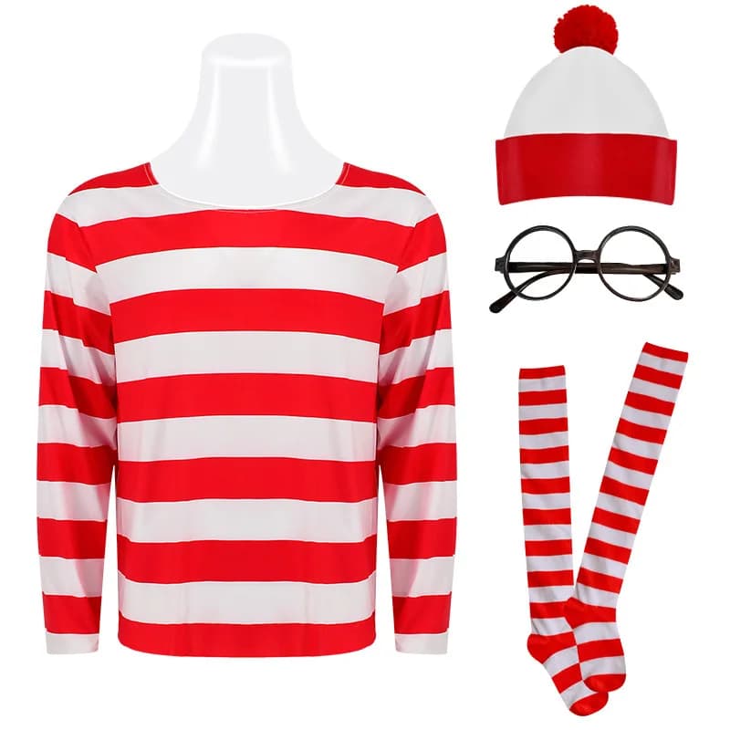 Wheres Waldo Striped Shirt Youth Kids Boys Wally Costume Shirt Glasses and Hat Socks Unisex Adults Halloween Cosplay Costume