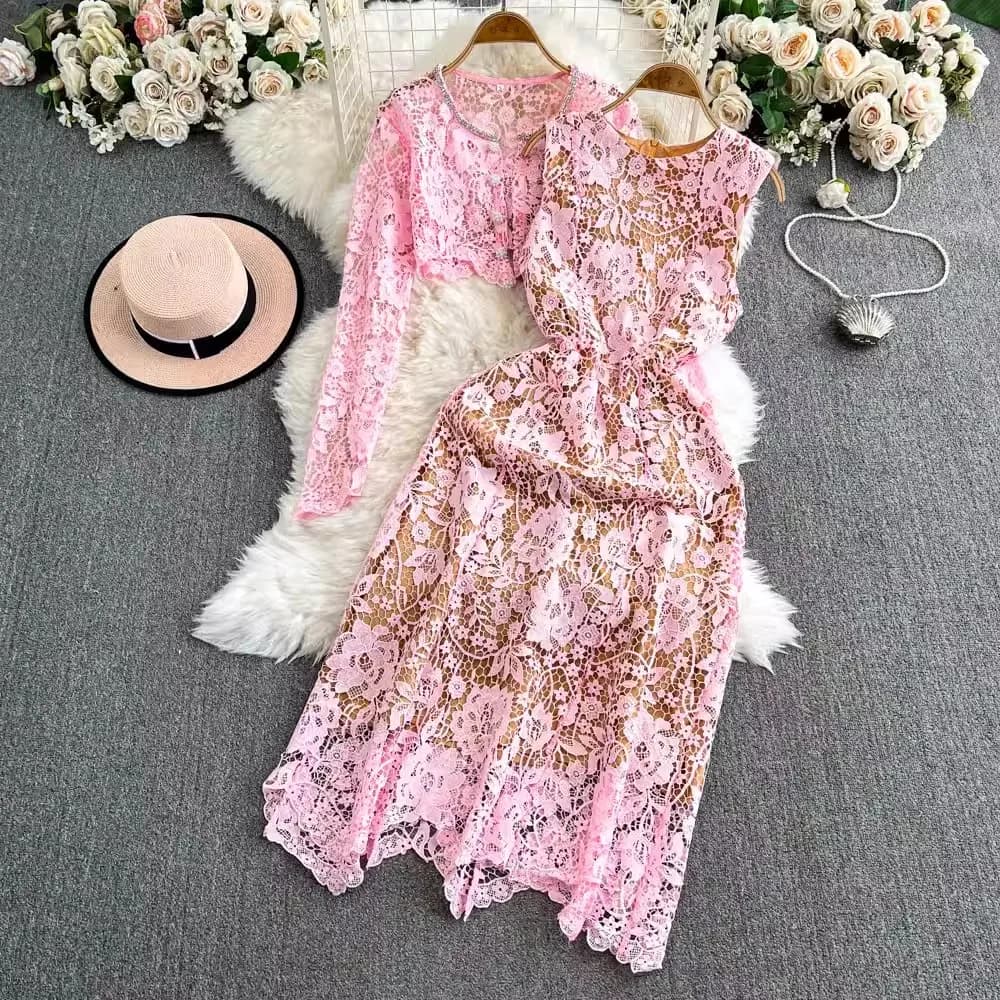 Runway Autumn Pink Lace Party Dress Suits Women Long Sleeve Diamonds Pearls Button Short Coat + Vest Midi Dresses Two Piece Set