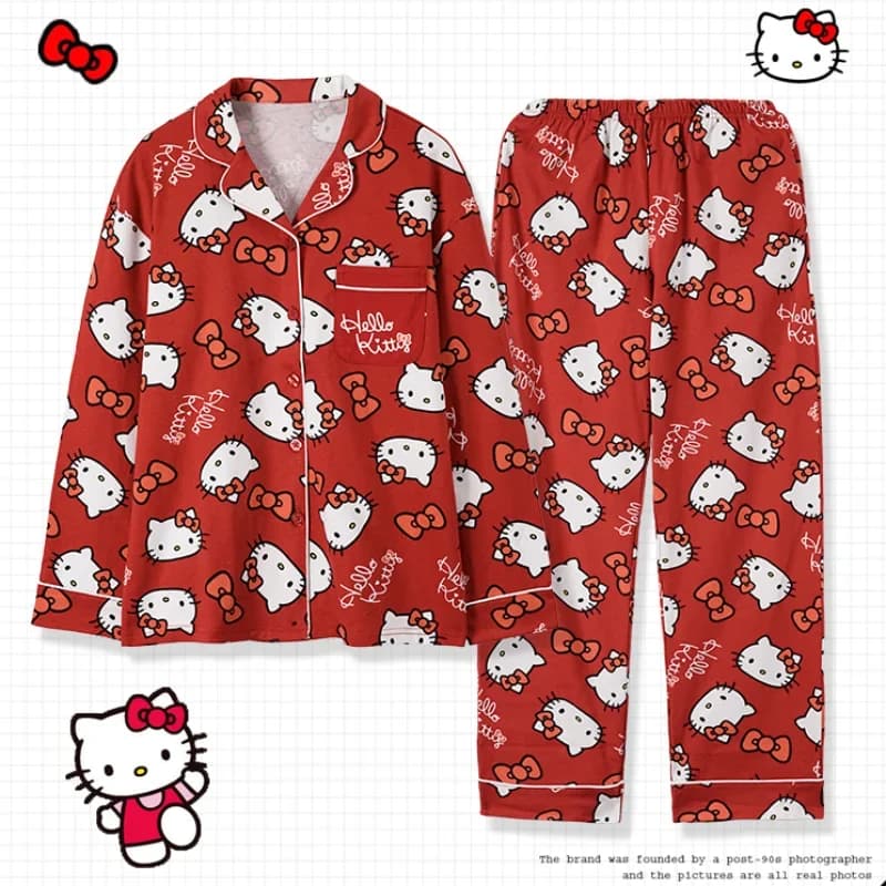 Sanrio Hello Kitty Silk Pajamas Women's Loungewear Pajamas Set Casual Long Sleeve Trousers Two-piece Set Cartoon Women's Pajamas