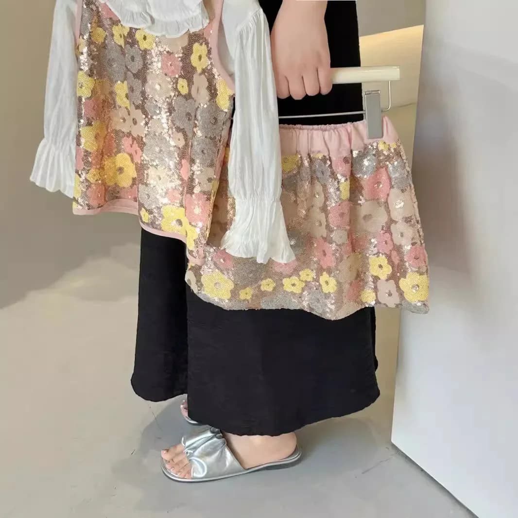 Childrens Sets Girl Summer New Baby Causal Vest Short Sleeve Two Pieces Glitter Skirt 2024 Sweet Fashion Flower Simple