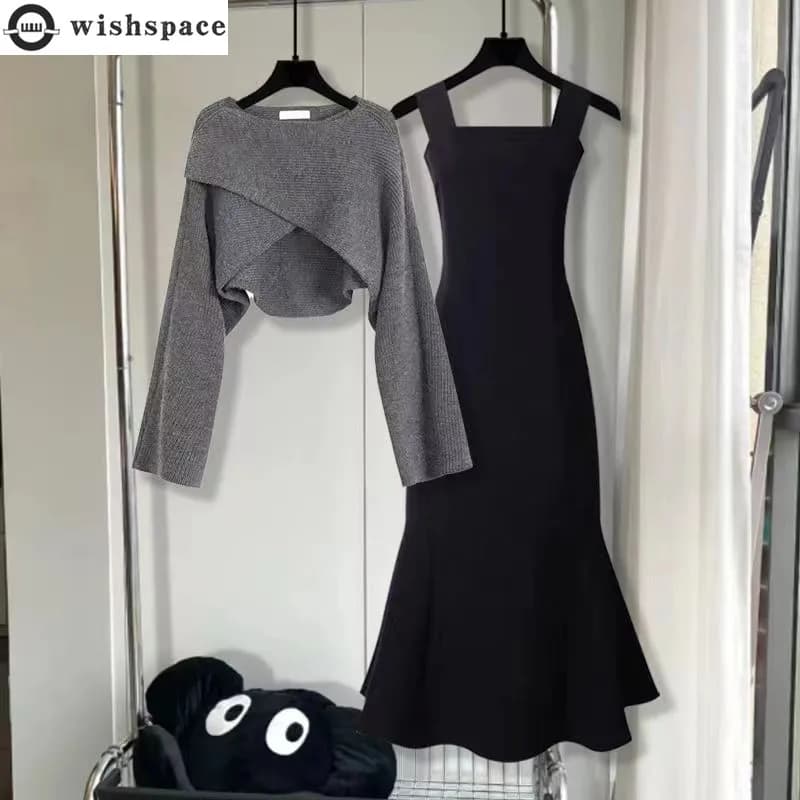 Spring and Autumn Season Set Women's New Korean Edition Design Sense Fishtail Skirt Temperament Knitted Top Two Piece Set