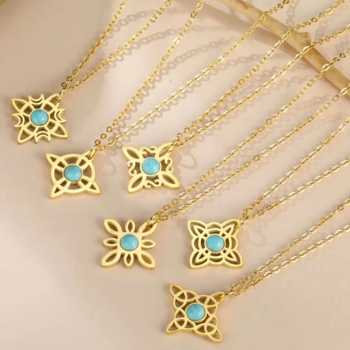 LIKGREAT Celtic Witches Knot Blue Stone Necklace for Women Girls Stainless Steel Crescent Moon Good Luck Amulet Pendant Jewelry