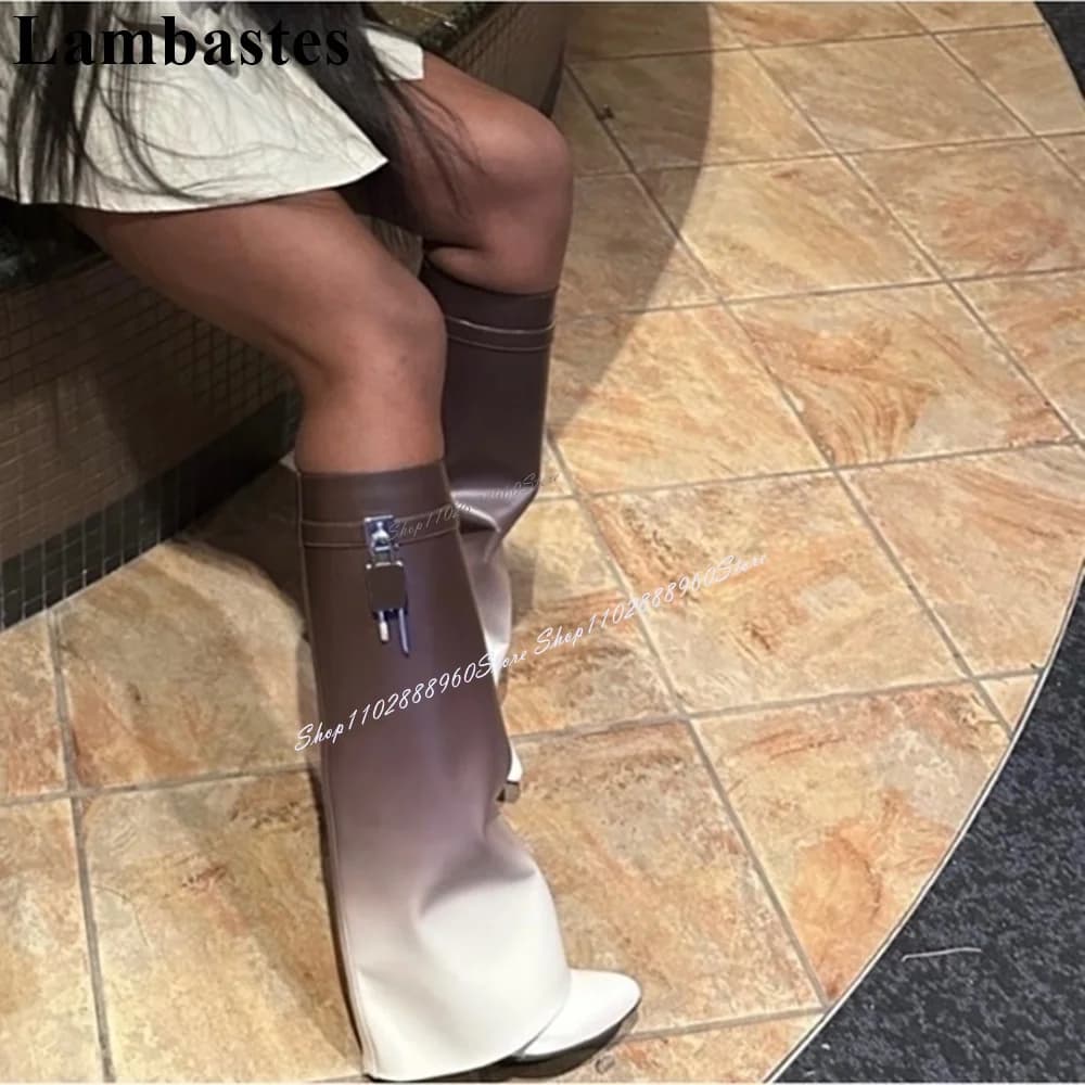 Turned-Over Gradient Leather Lock Decor Shark Boots Knee High Wedges Heel Women Shoes Slip-On Round Toe 2024 Zapatos Para Mujere
