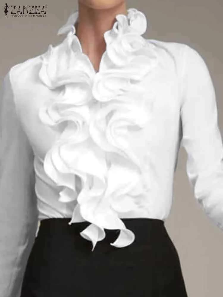 ZANZEA Elegant Women Blouse Ruffles Tops Fashion Long Sleeve Shirts Flounce Blusas Stylish OL Work Shirt Female White Blouses