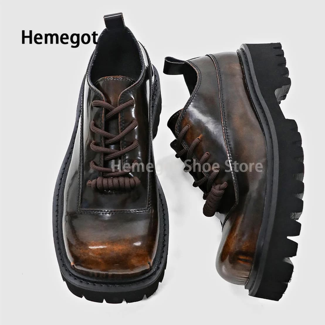 Square Toe Thick Sole Color Derby Shoes Men's Lace-Up Raise Breathable Leather Shoes Men's and Women's High Quality Couple Shoes