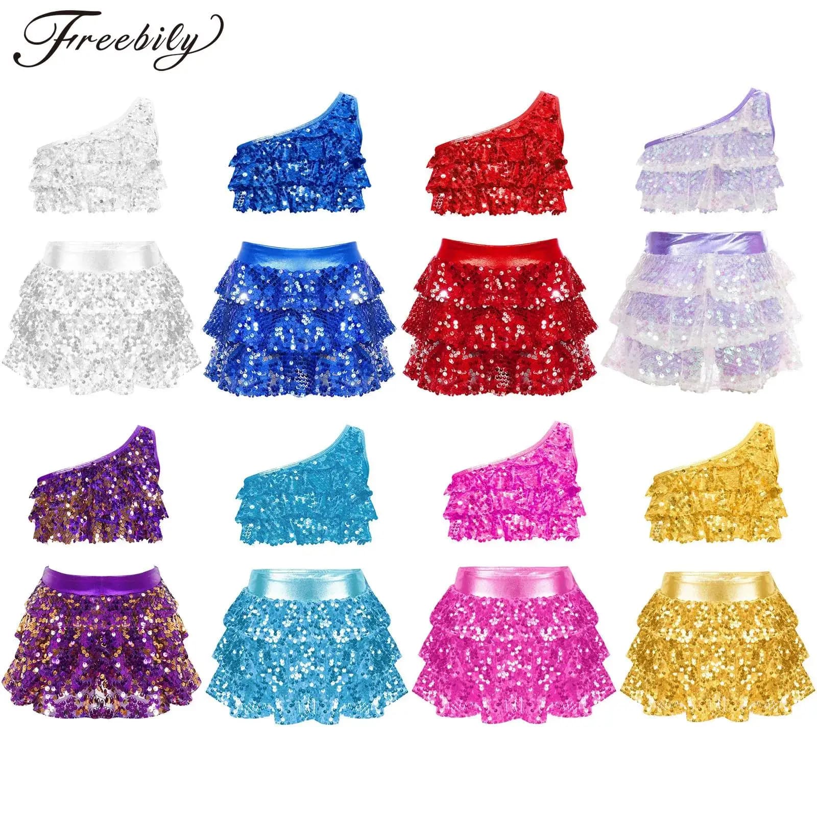 Kids Girls Jazz Dance Outfit Two Pieces Shiny Sequins Dancewear Sets Metallic Crop Top with Skirted Shorts Childs Party Costumes