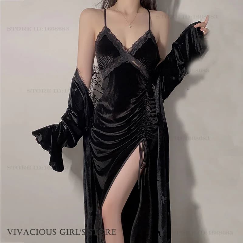 Black Velvet Women's Twinset Robe Set Long Kimono Bathrobe Gown Sexy Lace Split Suspender Nightgown Lingerie Velour Home Wear