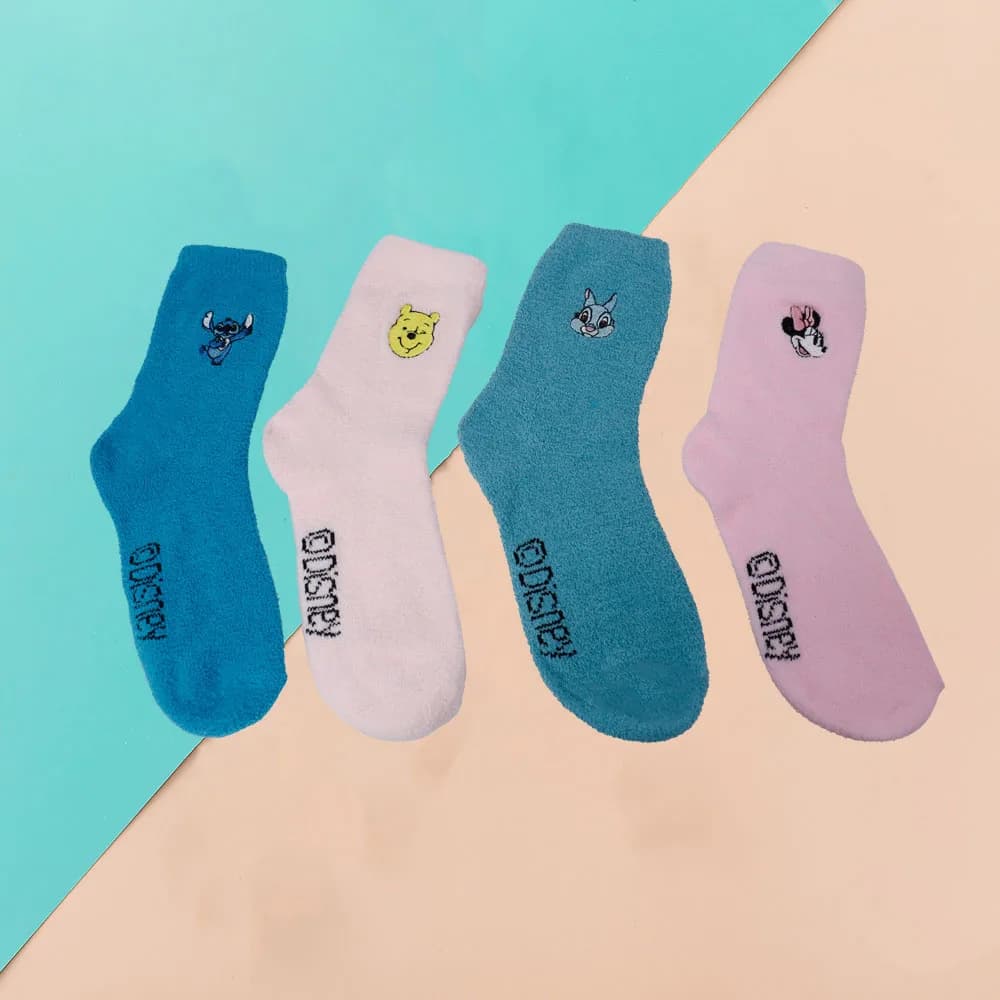 4 pairs Embroidery Stitch Mickey Coral Velvet Sleep Socks Autumn and Winter Warm Women's Home Socks