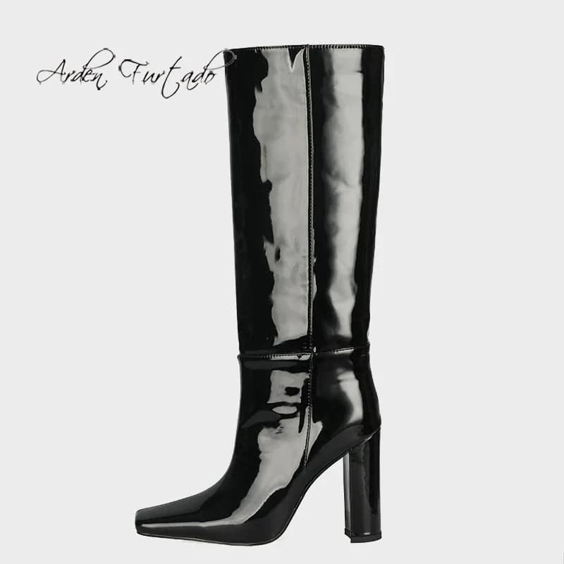 Arden Furtado 2024 Winter Patent Leather knee high boots Square toe Patchwork Slip-on Super high heel Modern boots Women's Boots