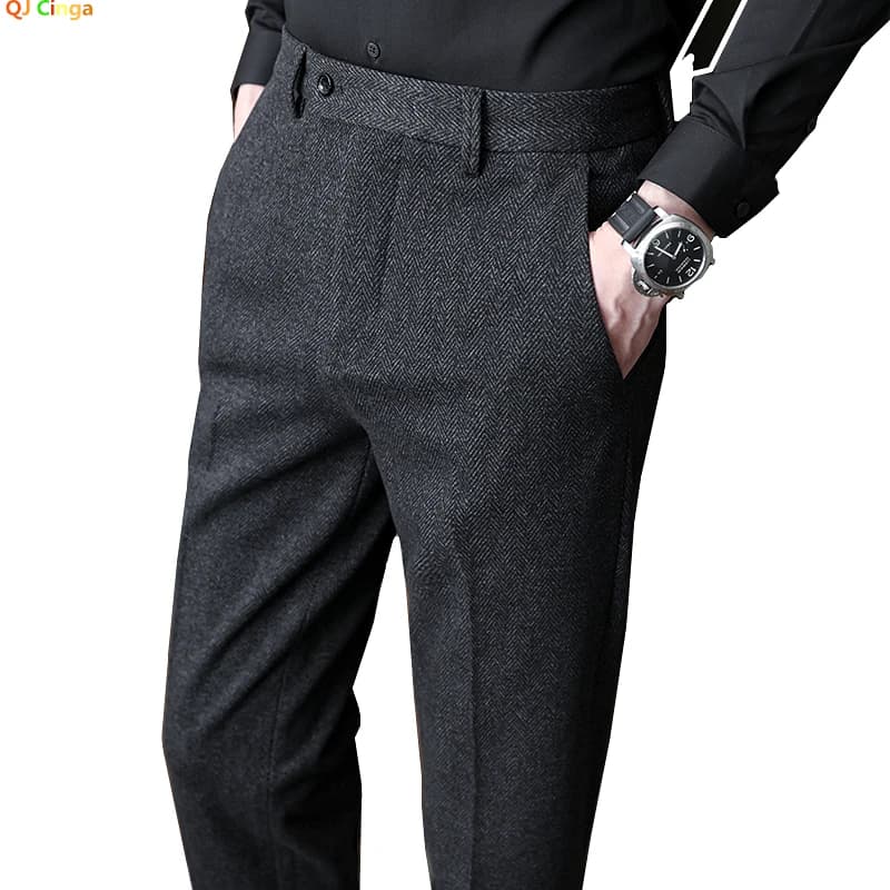 QJ CINGA New Grey Mens Woolen Pants, Autumn/Winter Thick Trousers Men, Slim Business Pantalones Hombre Fashion Slacks 28-36