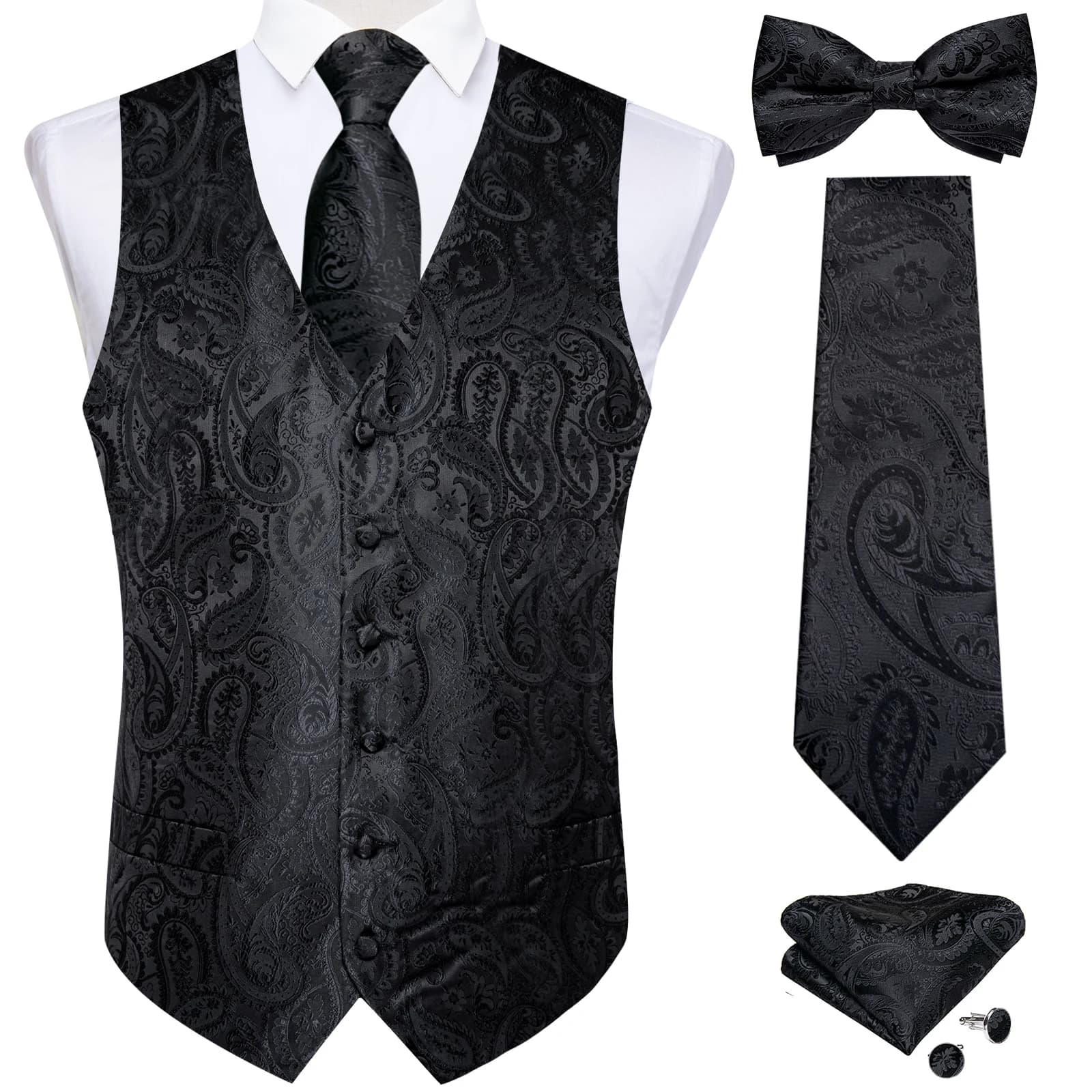 Men's Black Solid Paisley Suit Vest with Necktie Bow Tie Handkerchief Cufflinks Formal Waistcoat for Wedding Prom Tuxedo