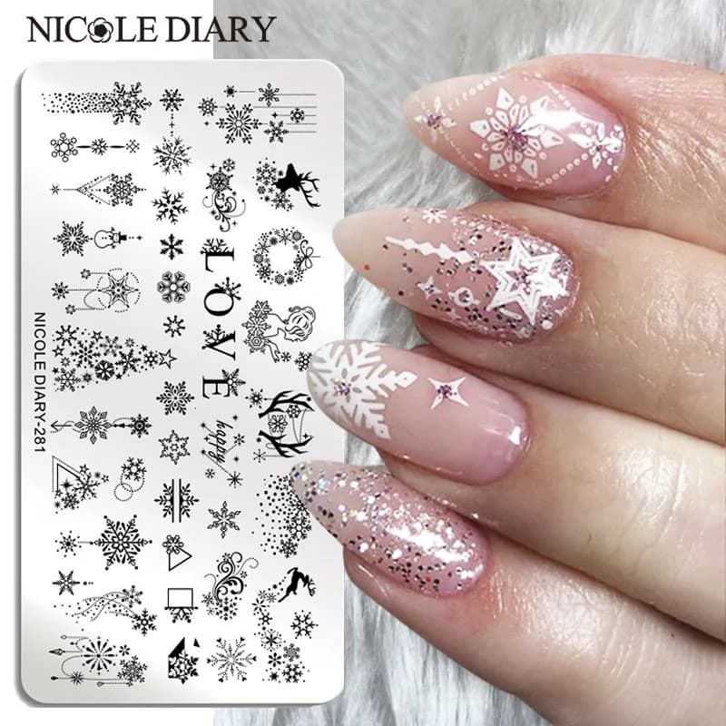 NICOLE DIARY Christmas Nail Art Stamping Plate Drawing Template Winter Snowflakes Floral Image Stencil Mold Nail Printing Tools