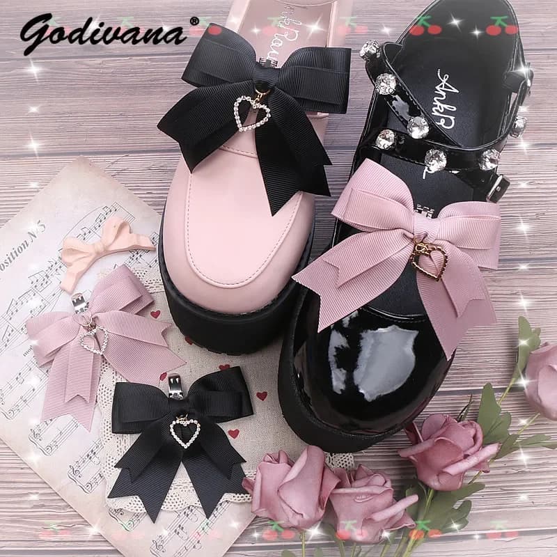 Handmade Rhinestone Love Pendant Double Layer Bowknot Shoes Clipped Button Sweet Ladies Shoe Ornament Clips Shoes Accessories