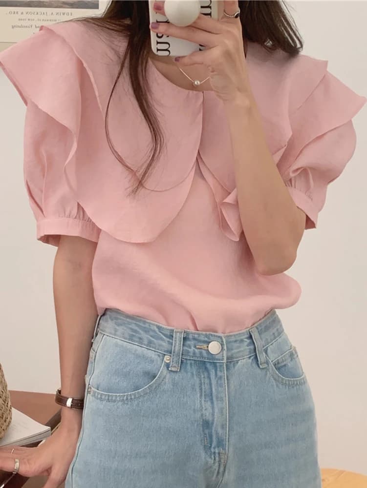 Blusas De Verano Mujer 2023 Summer Short Sleeve Pink Blouse Women Loose Shirt Female Korean Style Tops Fashion Womens Clothing