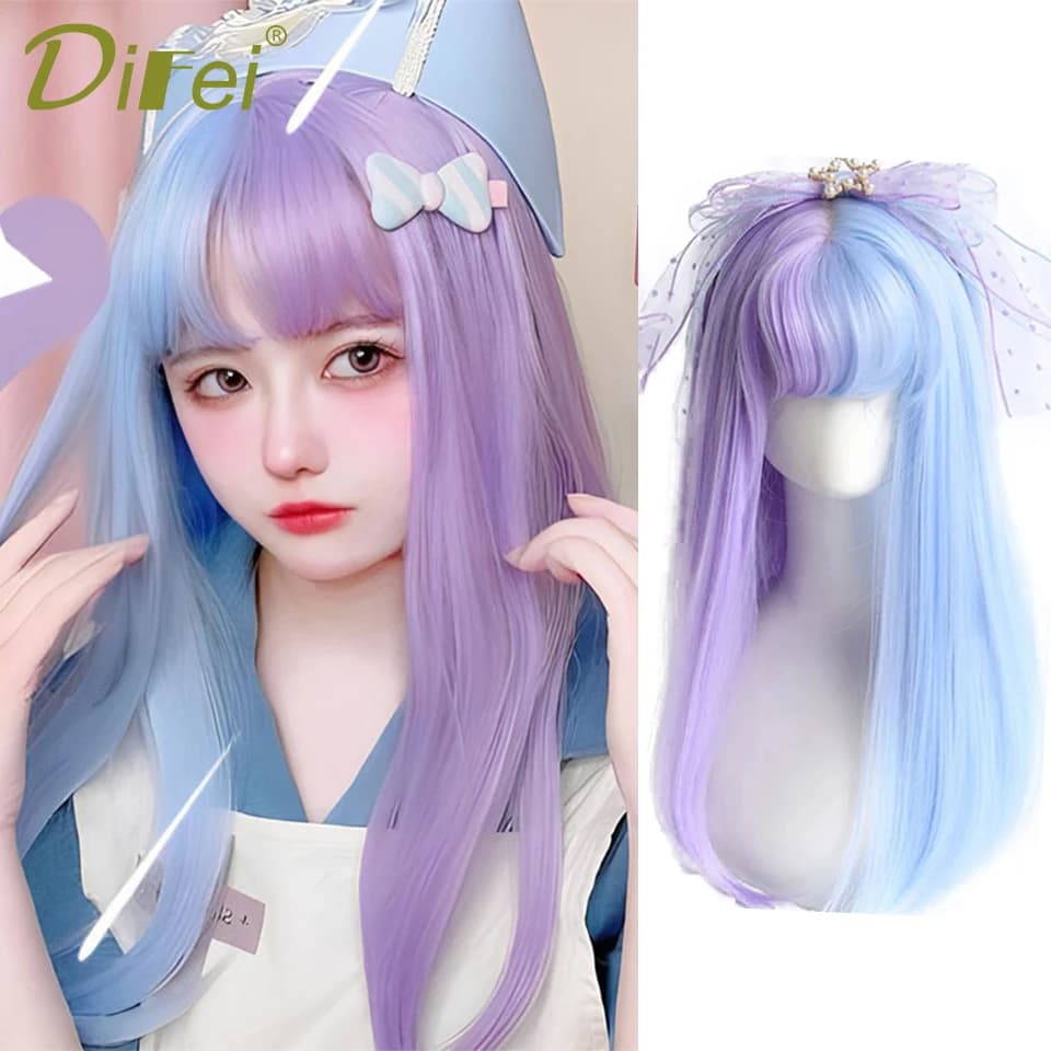 DIFEI Double-color Wig Headgear Synthetic Wig Female Double-color Lolita Straight Bangs Natural Chemical Fiber Wig Cos Headgear