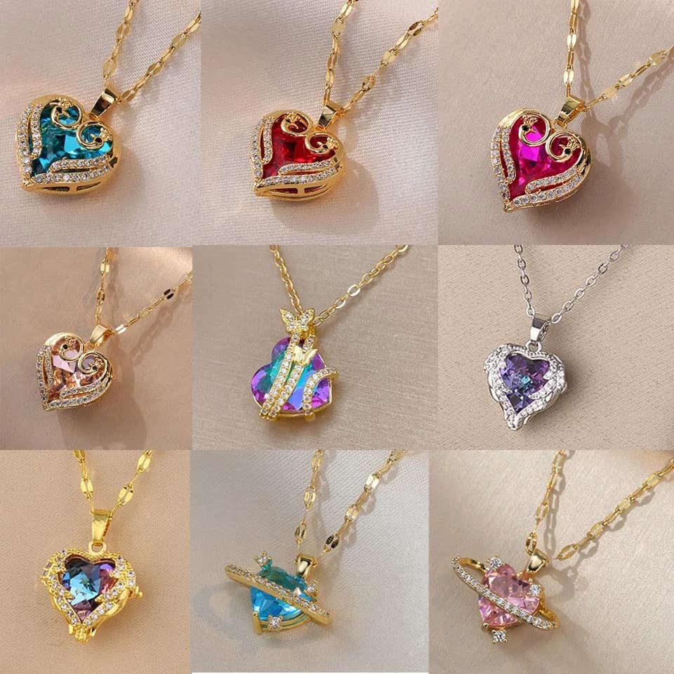 ZAKOL Gorgeous Colorful Zircon Love Heart Pendant Necklace For Women Fashion Stainless Steel Neck Chain Jewelry Gift
