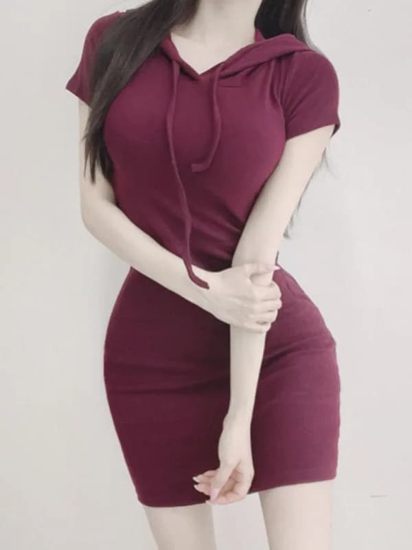 2024 Summer Korean Version New Drawstring Hooded Pocket Short Sleeve Dress Women Cinching Waist Solid Slim Wrap Hip Dress EI9J