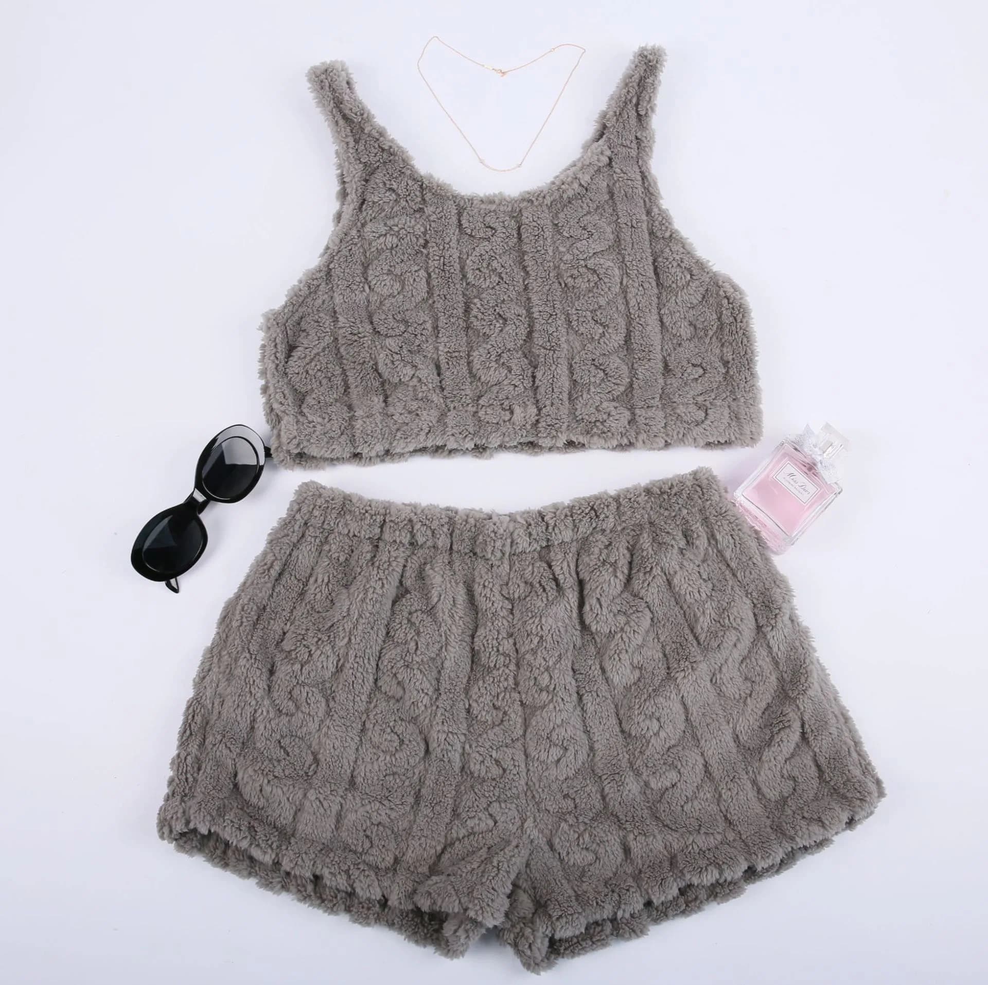 Women Suit Thickened Twisted Undershirt Shorts Sweet Home Wear Adult Ladies Casual Fall Winter Facecloth Warm Suits Combination