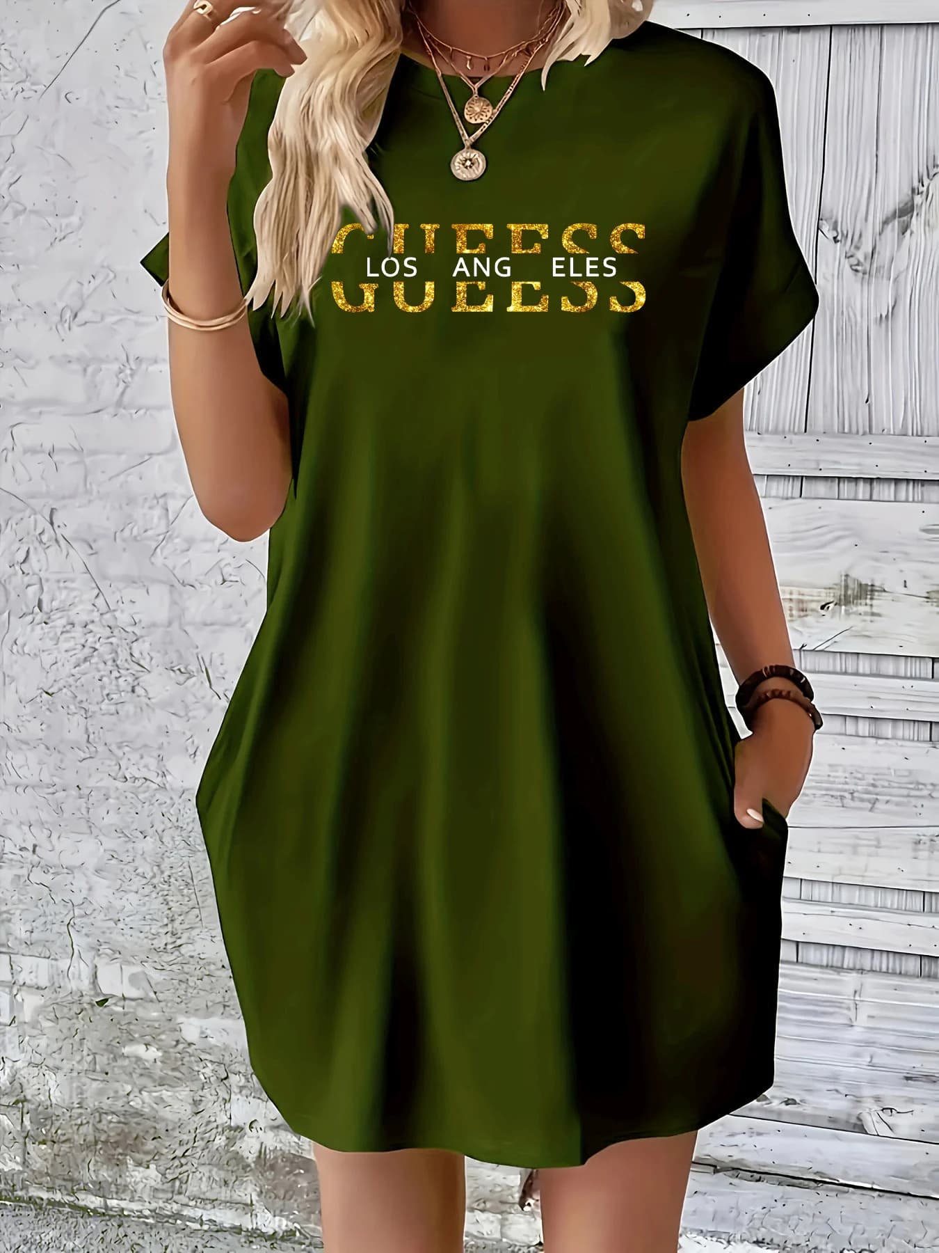 Ladies' summer loose GUEESS Los Angeles letter pattern print round neck short sleeved pocket comfortable casual plus size dress