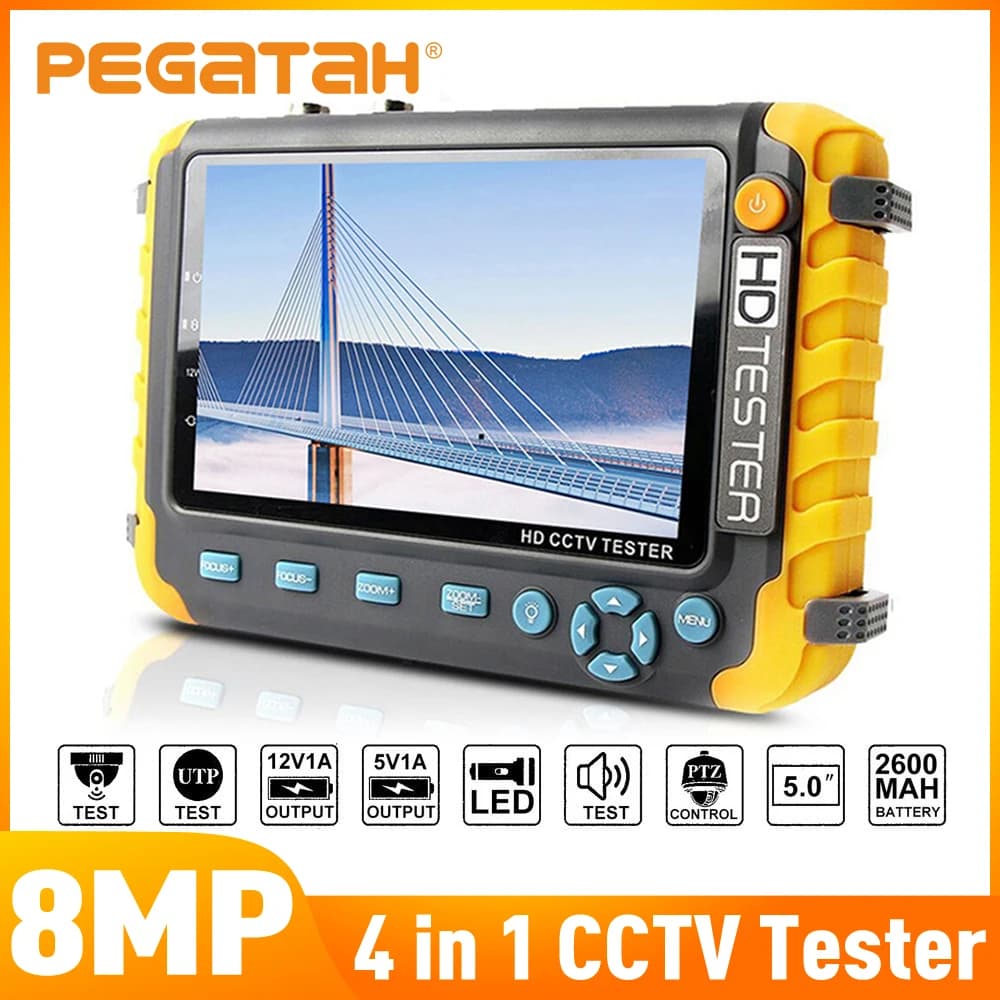 PEGATAH 8MP 4 In 1 CCTV Tester 5 inch Camera Monitor 4K AHD/CVI/TVI CVBS Analog Camera Tester with HDMI VGA Input UTP Cable Test