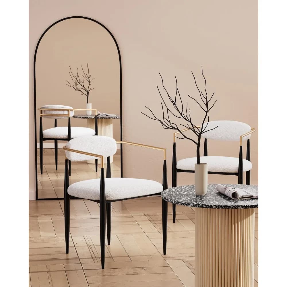 White Dining Chairs Set of 4, Boucle Dining Chairs, Mid-Century Kitchen Room Chairs Black Metal Legs and Upholstered Cushion