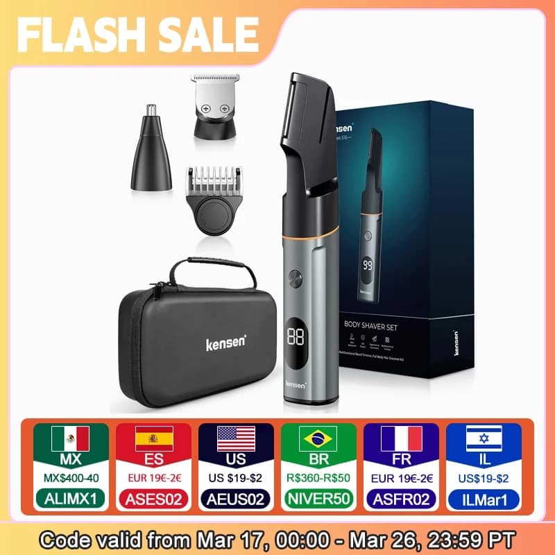 Kensen 3 in 1 Body Hair Trimmer Kit for Men Pubic Hair Shaver Nose Beard Trimmer IPX6 Waterproof Electric Shaver Hair Clippers