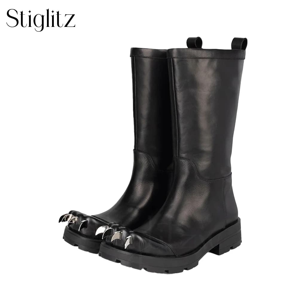 Claws Knee Boot for Men Metallic Sharp Teeth Boots Genuine Leather Slip on Boots Designer Style Handmade Autumn Winter Warm Boot