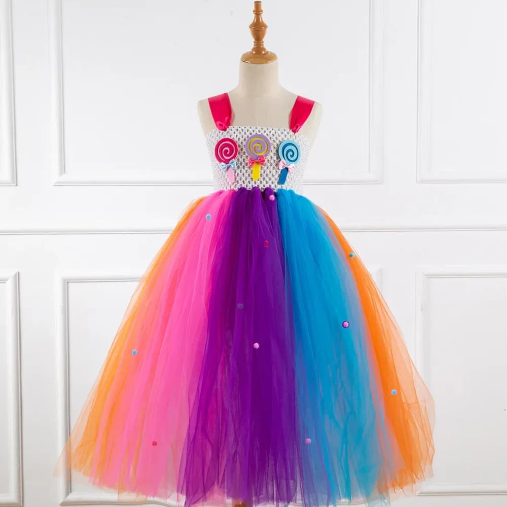 Sweet Candy Tutu Dress Girls Kid Rainbow Fuzzy Ball Bow Lollipop Costume Toddler Child Birthday Party Dress Up Clothes 1-12years