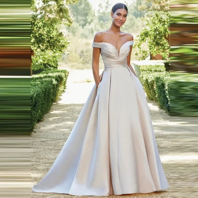 Flavinke Customized Pleat Satin Sweetheart Wedding Dresses 2025 Women Off The Shoulder Vestido De Novia Bridal Gown With Pockets
