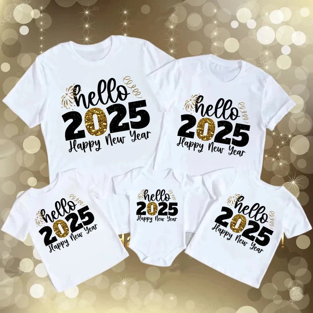 Hello 2025 Happy New Year Family Matching Outfits Dad Mom Kids Shirt Baby Bodysuit Family T-shirt Holiday Party Family Clothes