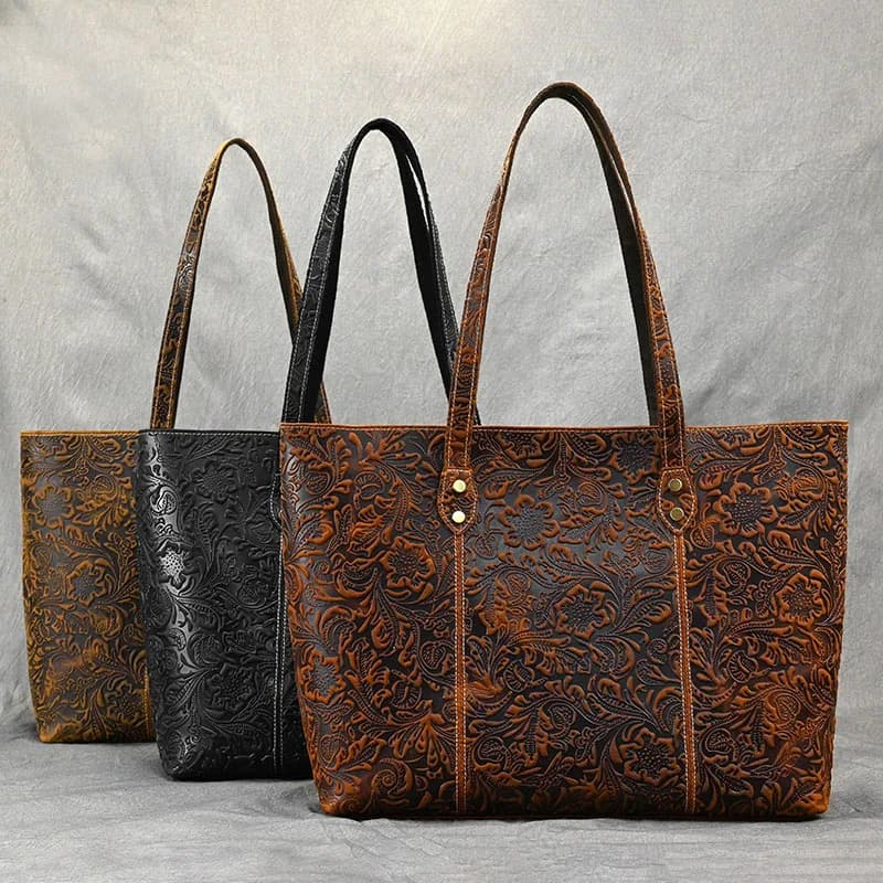 Vintage Embossed Design Women Handbags Retro Handmade Genuine Leather Large Capacity Woman Shoulder Bag Ladies Female Tote Bags
