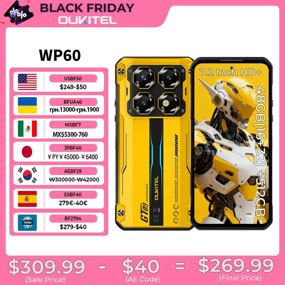 OUKITEL WP60 10000mAh Rugged Phone 7.2” HD+ Display 48GB(16+32) +512GB MTK 7025 Smartphone Android 15, 108MP Camera, NFC, 120Hz