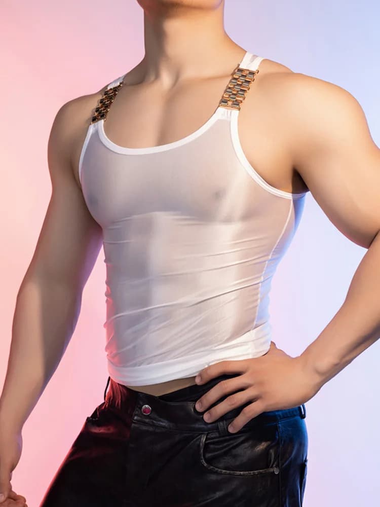 Sexy Men Oil Glossy Shiny Tank Tops Stain Smooth Strap Vest Sheer See Through Fashion Top High Elastic Sleeveless Shirt