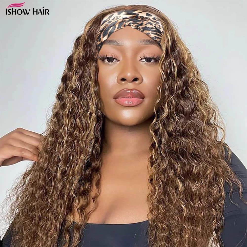 Headband Wig P4/27 Highlight Human Hair 250 Density Deep Wave Curly Human Hair Wigs Honey Blonde Colored Full Machine Made Wig