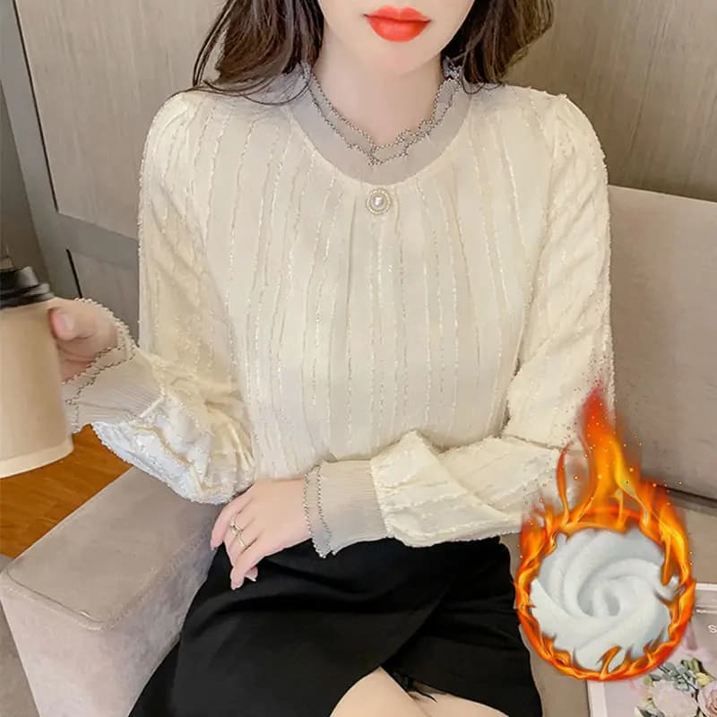 Women's Autumn Winter New Long Sleeved Semi High Neck Base Shirt Added Velvet Lace Top Slim Fitting Temperament Fashion Stylis
