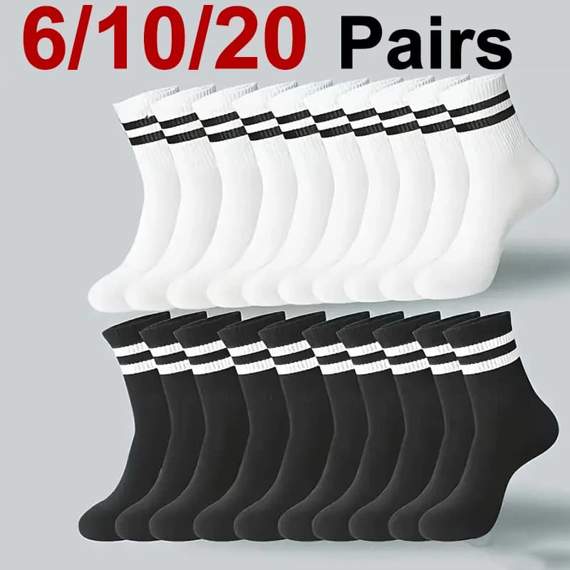 6/10/20 Pairs Neutral Striped Mid Tube Socks Sweat Absorbing Breathable Soft and Comfortable Couple Sports and Leisure Socks