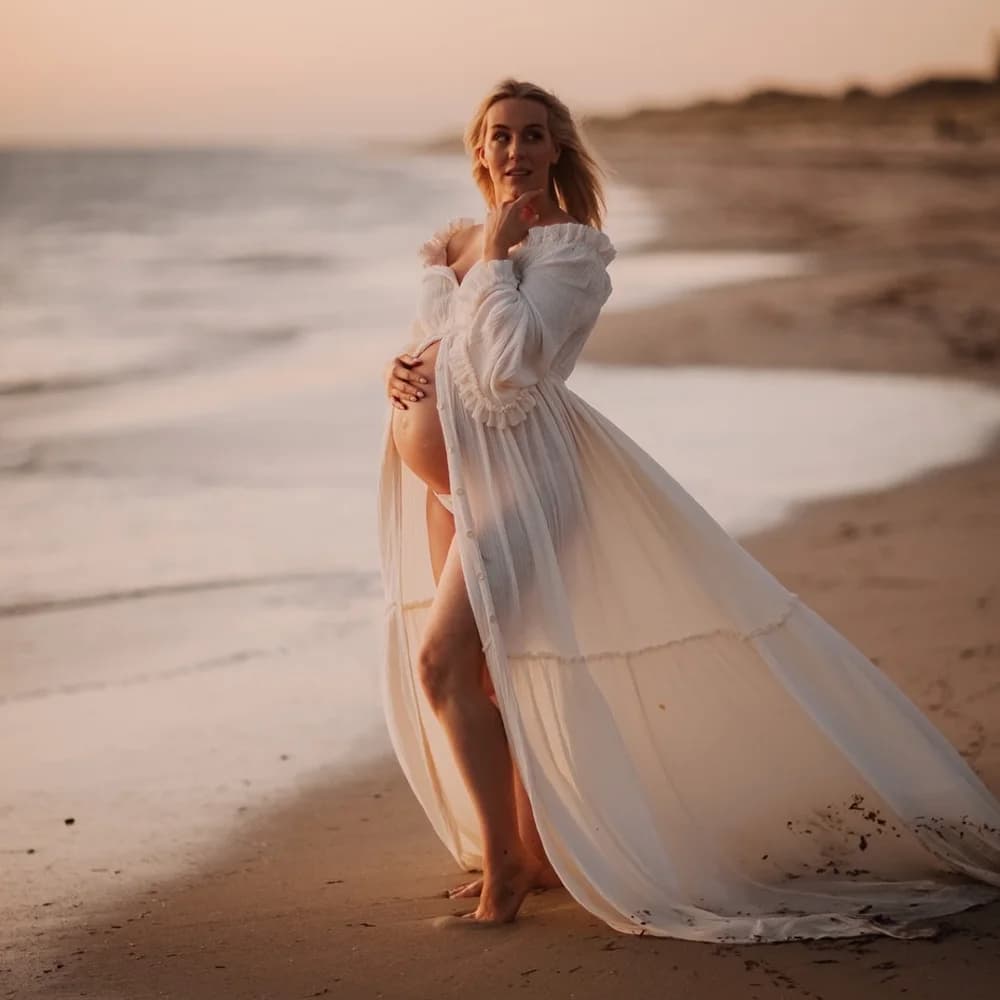 Comfortable Double-Layer Cotton Maternity Photography Dress Elegant Off Shoulder Bohemian Photo Shooting Pregnancy Dress